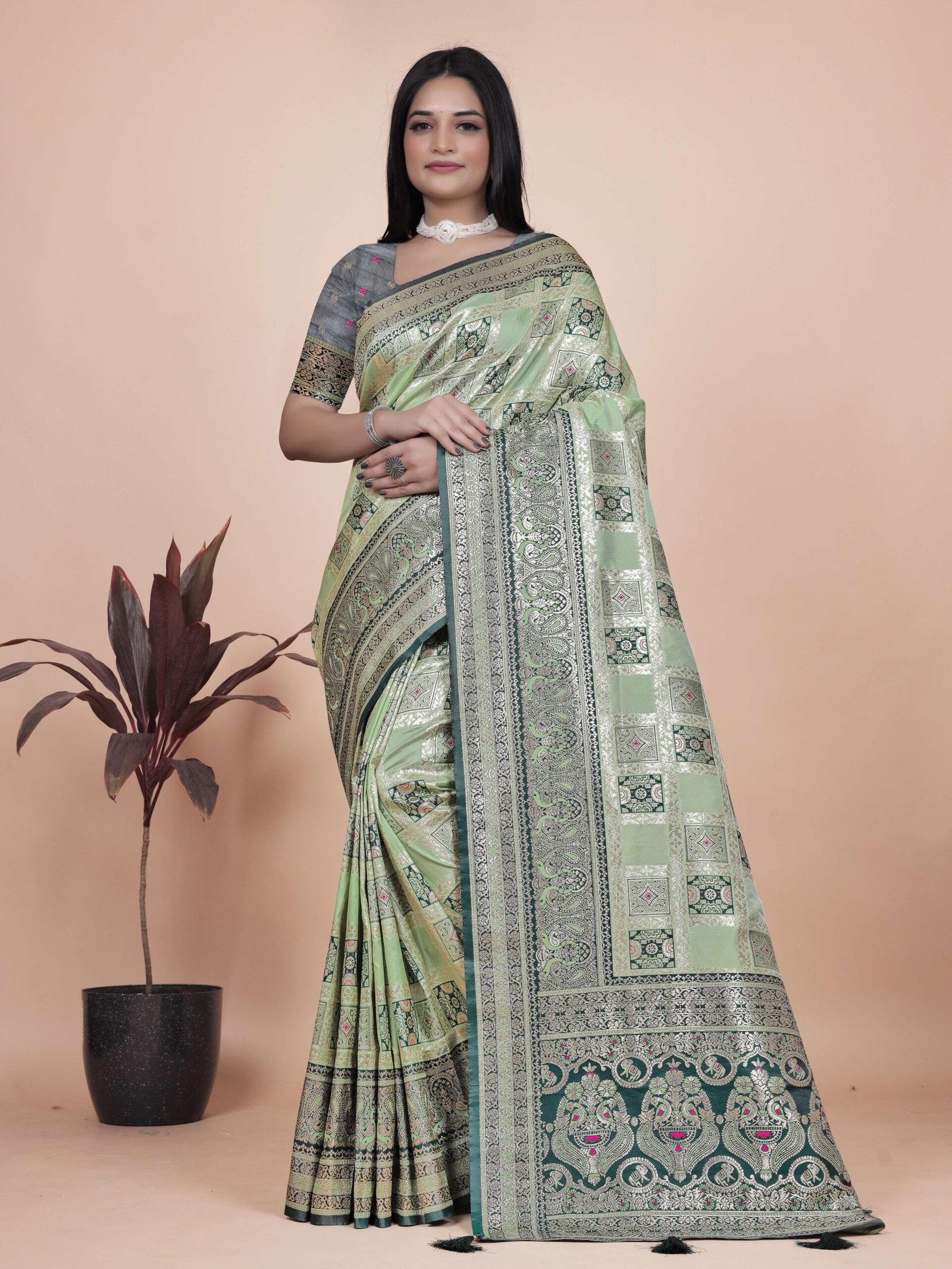 Pastel Green & Dark Green Banarasi Silk Saree with Silver Zari | Wedding & Festive Wear | Elegant Designer Banarasi Saree - Image 4